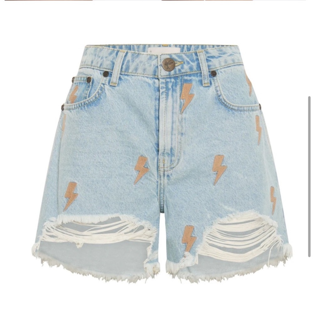 One Teaspoon Pale Blue Denim Shorts with Tan Lightning Bolts